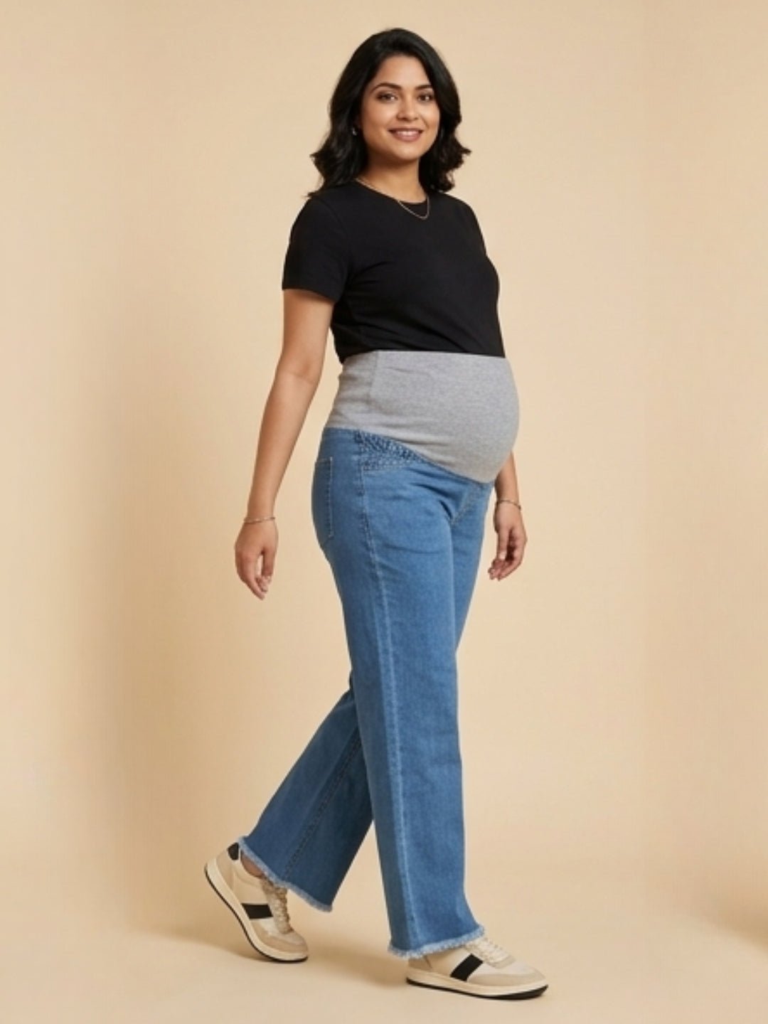  Wide Leg Maternity Denim with Belly Support Mid Blue