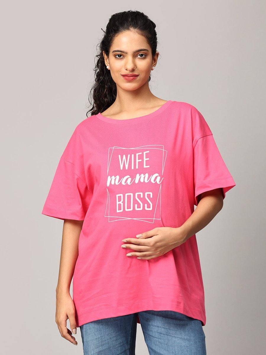  Wife-Mama-Boss Oversized Maternity and Nursing T shirt Fuschia