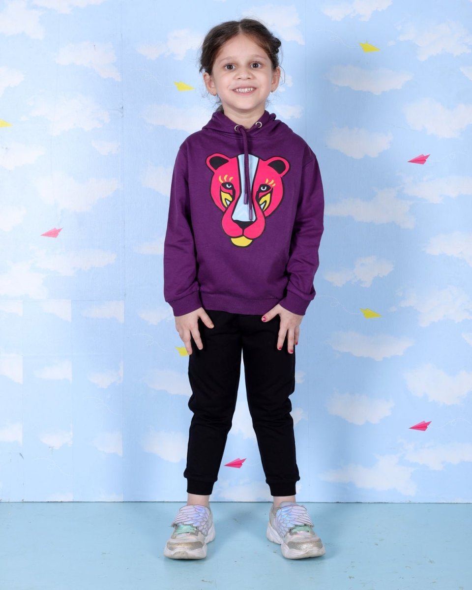 Purple Wild Cat Hooded Sweatshirt For Girls