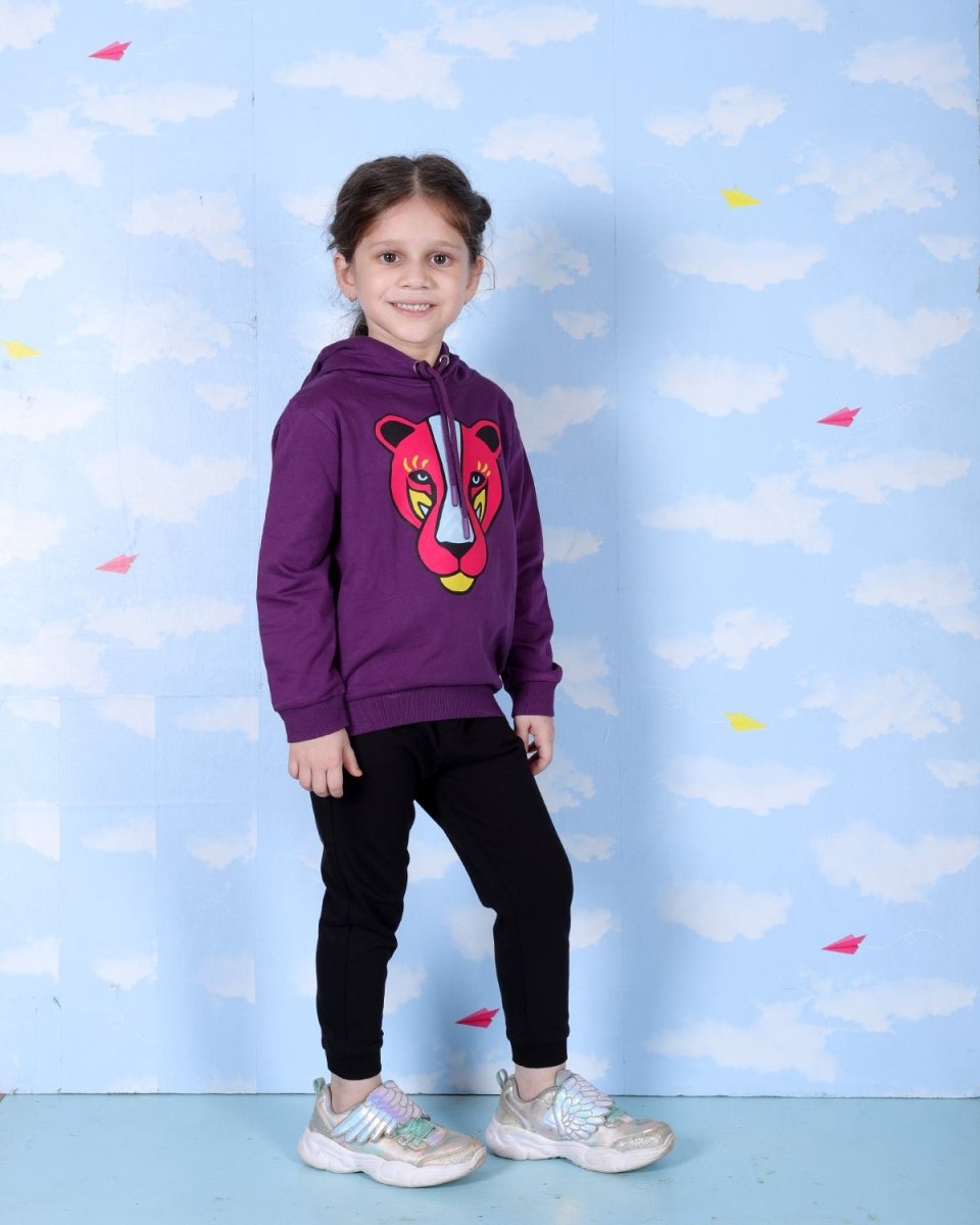 Purple Wild Cat Hooded Sweatshirt For Girls