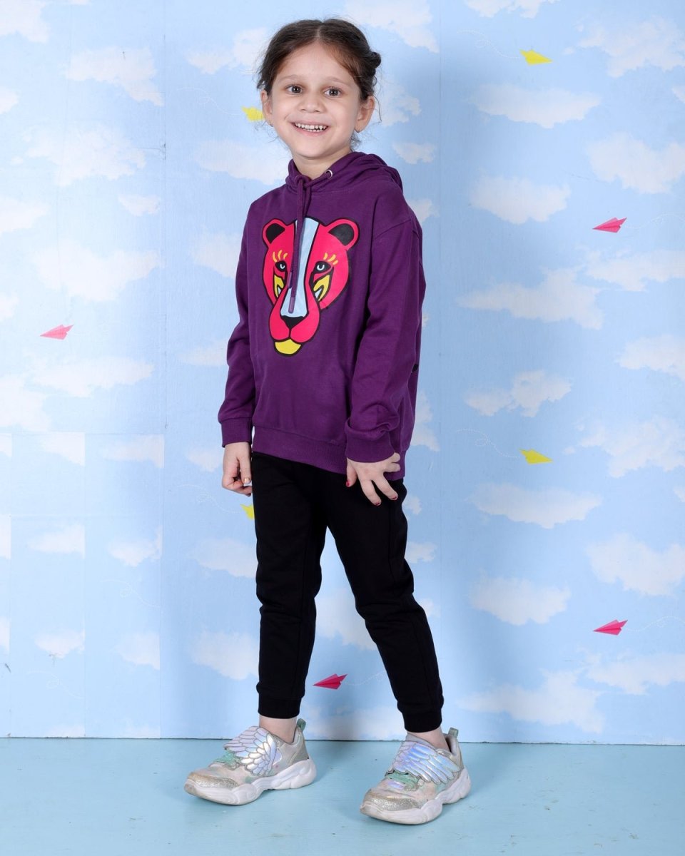 Purple Wild Cat Hooded Sweatshirt For Girls