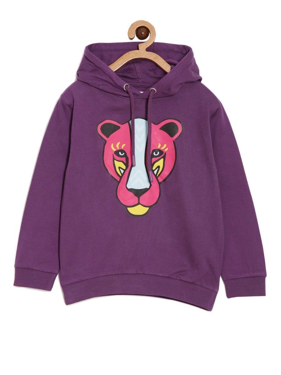 Purple Wild Cat Hooded Sweatshirt For Girls