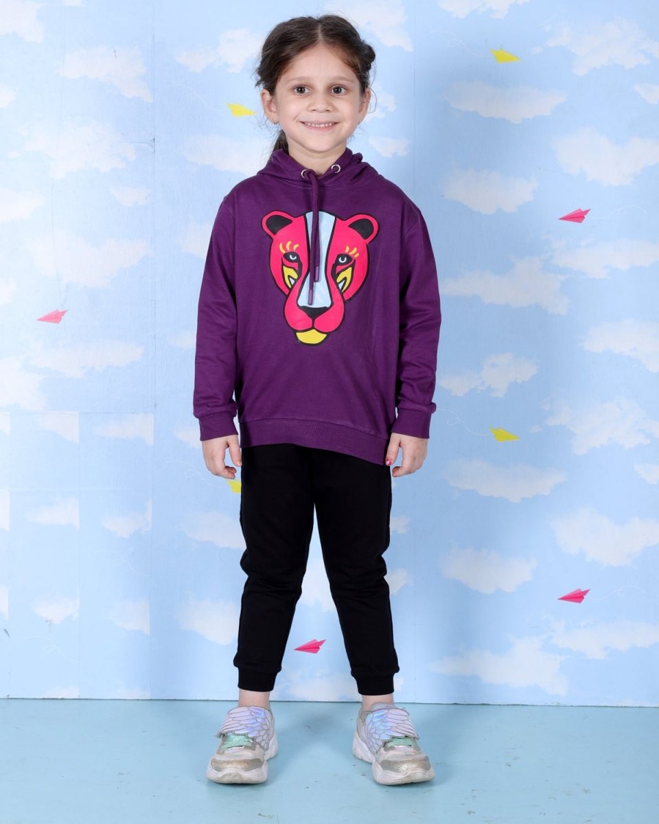 Purple Wild Cat Hooded Sweatshirt For Girls