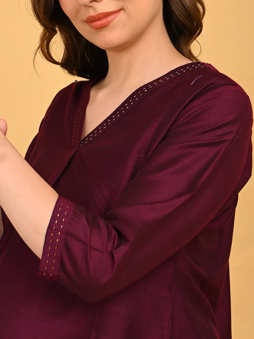  Wine Embroidered Maternity and Nursing Silk Kurta Wine