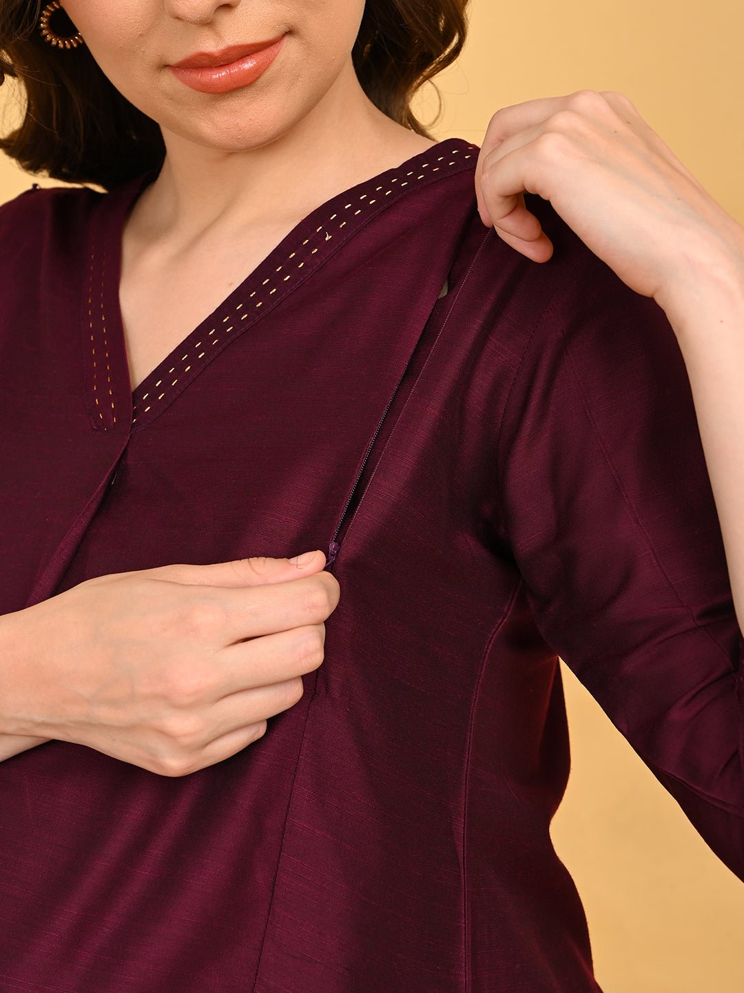  Wine Embroidered Maternity and Nursing Silk Kurta Wine
