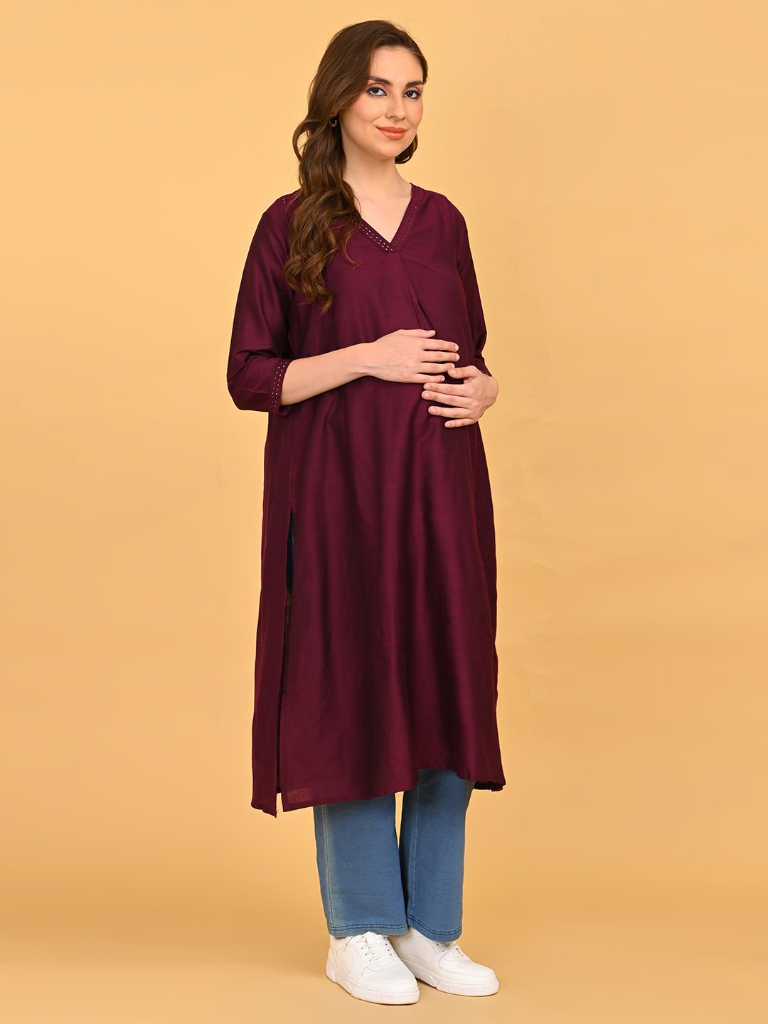  Wine Embroidered Maternity and Nursing Silk Kurta Wine