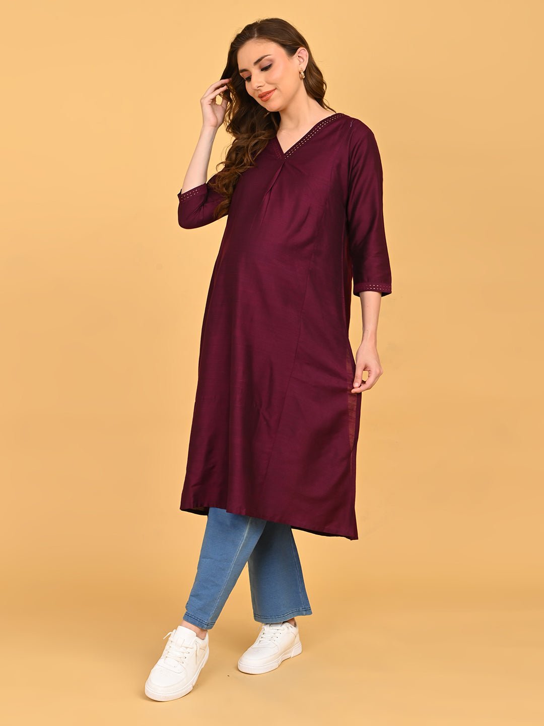  Wine Embroidered Maternity and Nursing Silk Kurta Wine