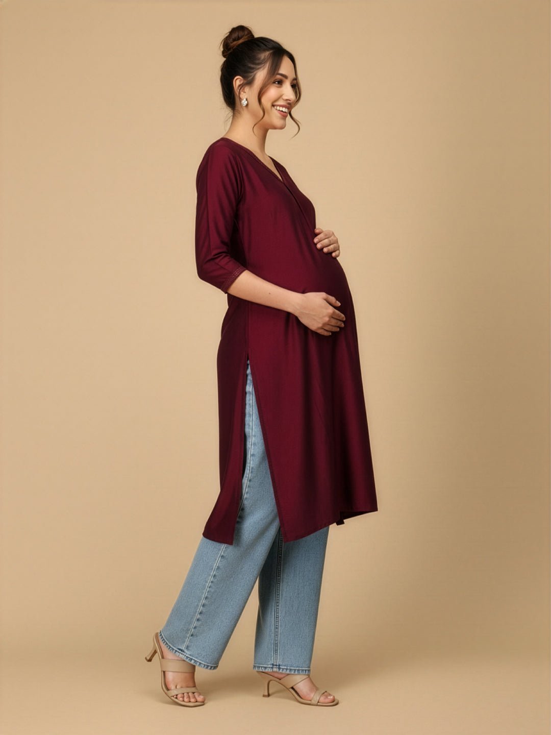  Wine Embroidered Maternity and Nursing Silk Kurta Wine