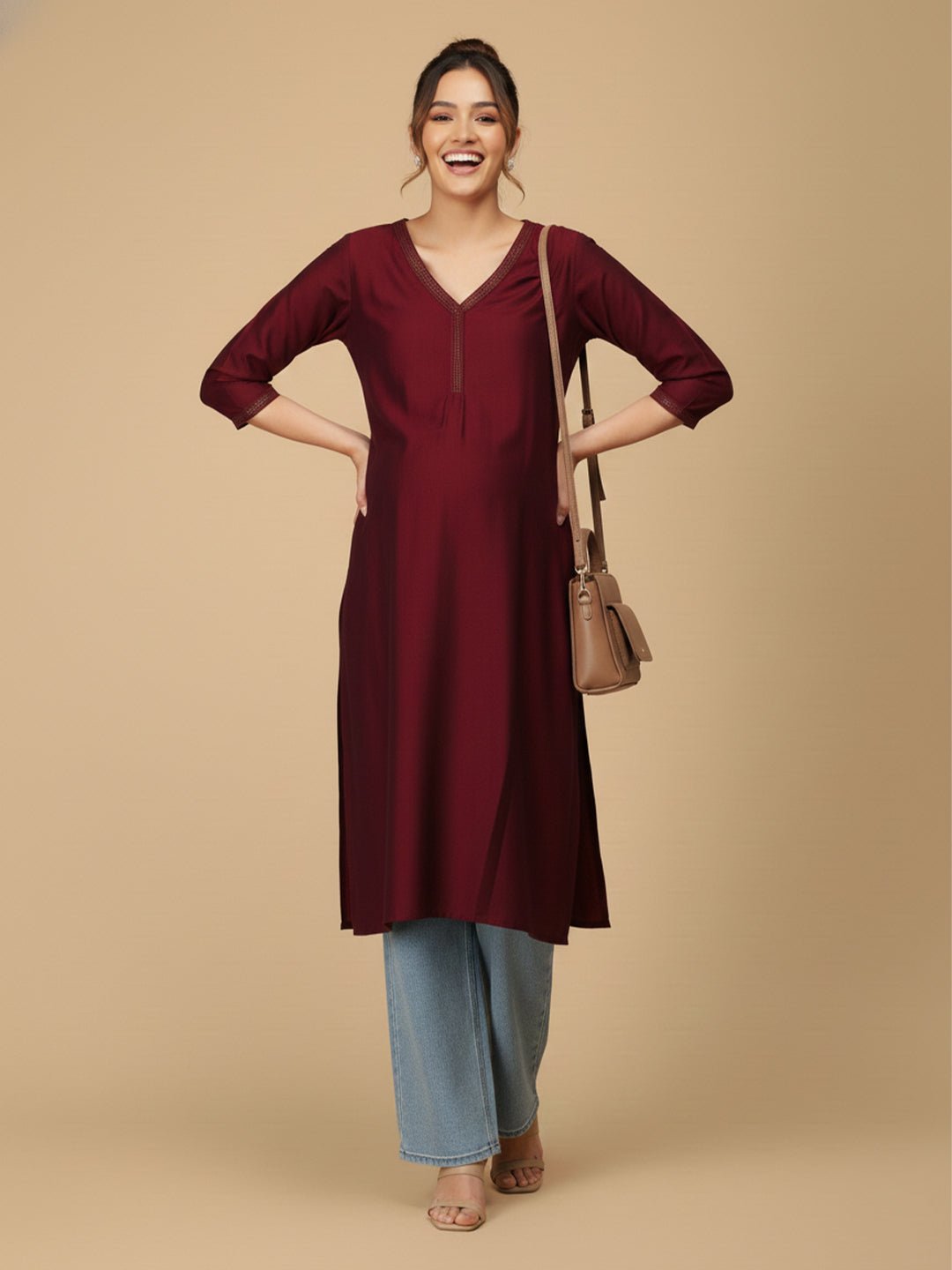  Wine Embroidered Maternity and Nursing Silk Kurta Wine