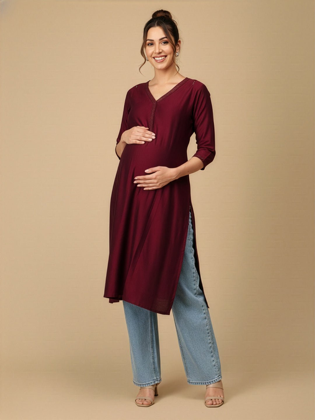 Wine Embroidered Maternity and Nursing Silk Kurta Wine