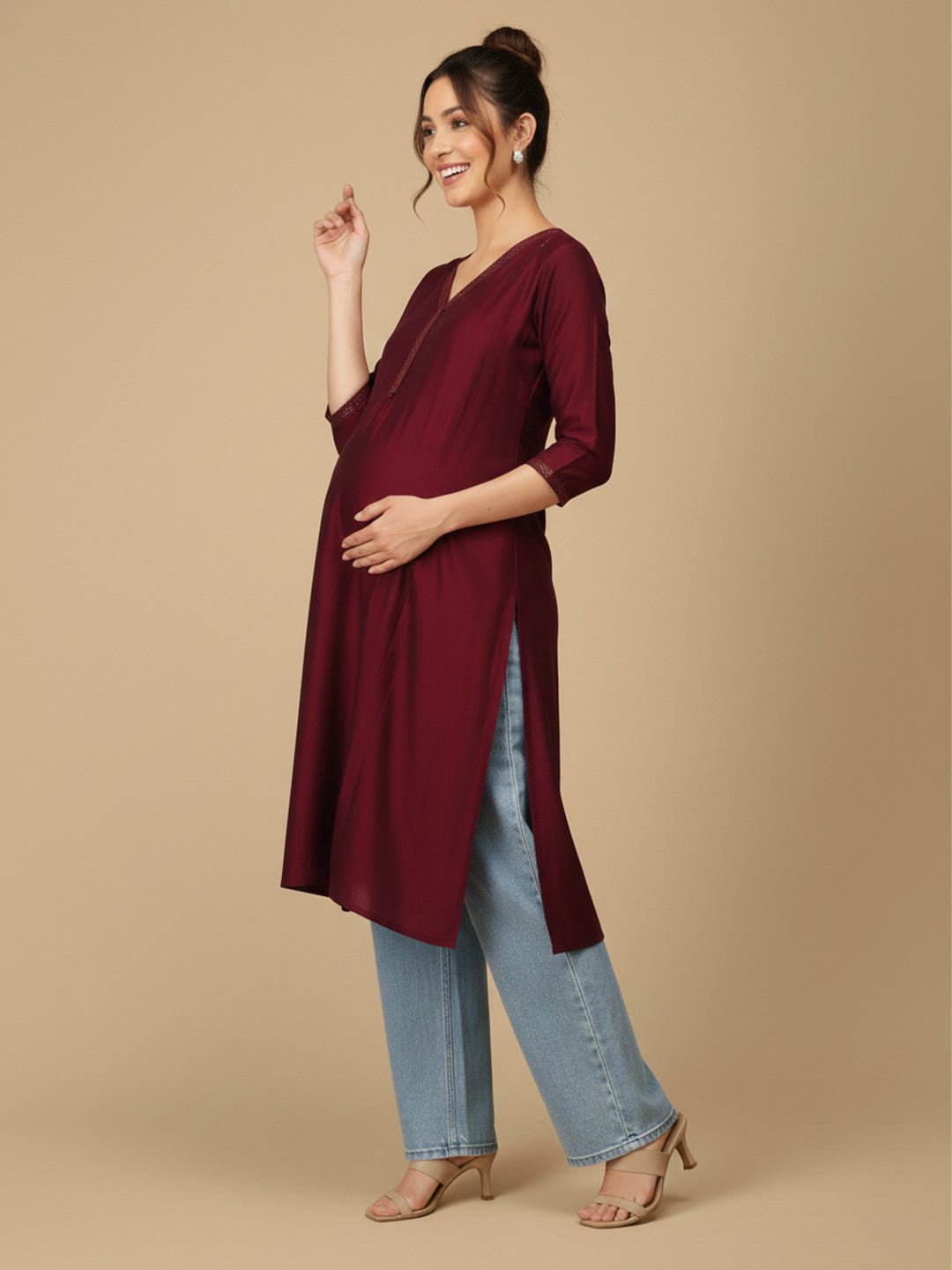  Wine Embroidered Maternity and Nursing Silk Kurta Wine
