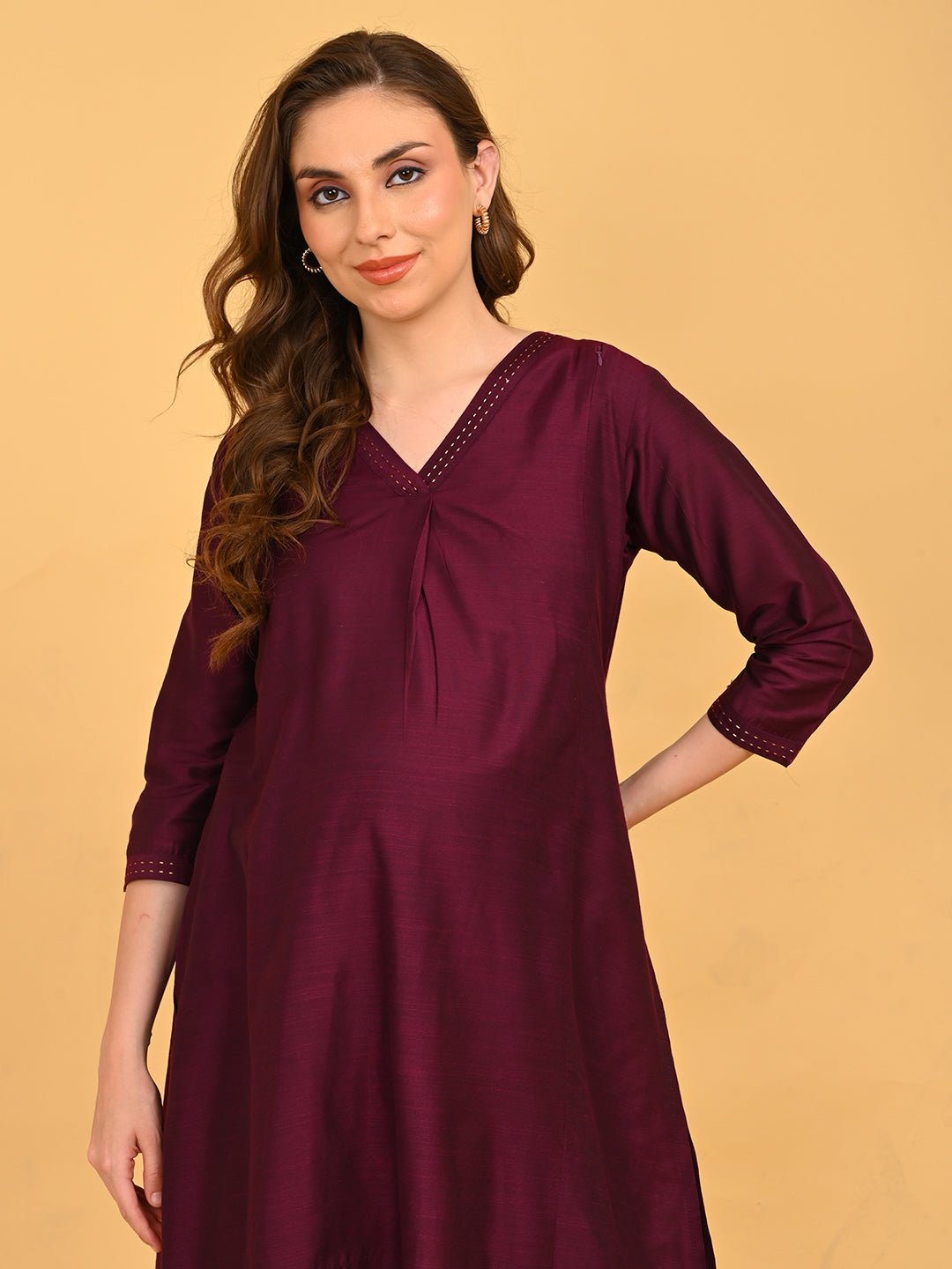  Wine Embroidered Maternity and Nursing Silk Kurta Wine