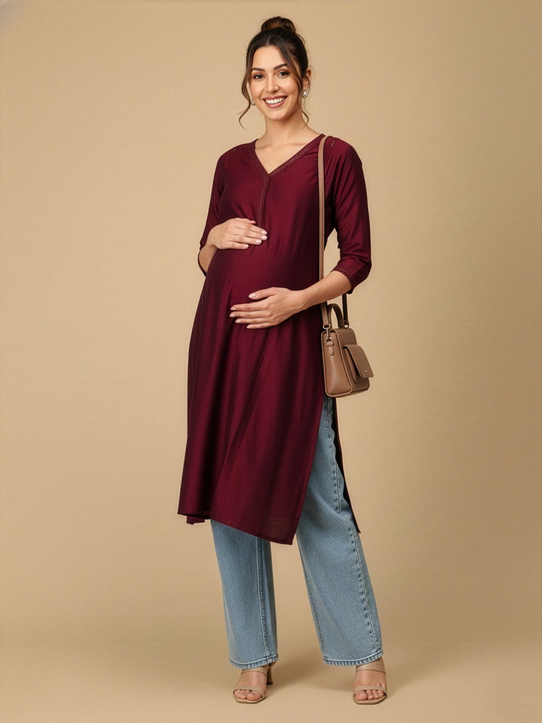  Wine Embroidered Maternity and Nursing Silk Kurta Wine