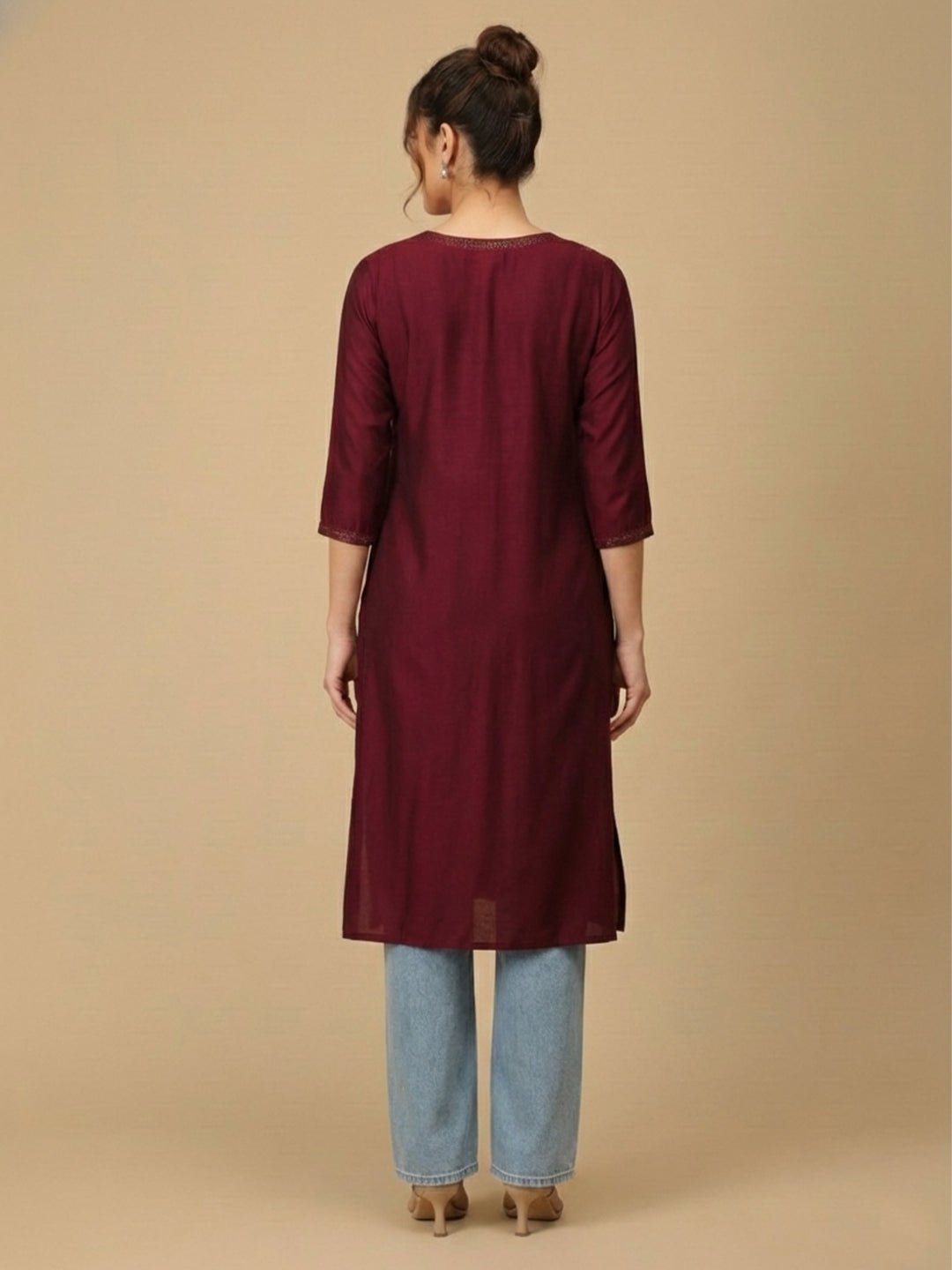  Wine Embroidered Maternity and Nursing Silk Kurta Wine