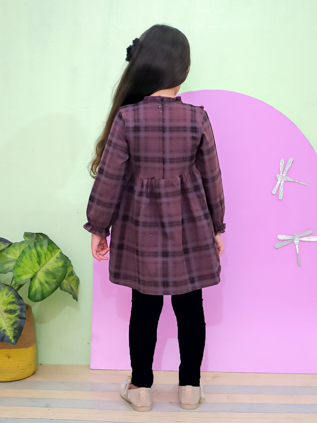 Wine Plaid Flannel Lace Collar Girls Winter Dress