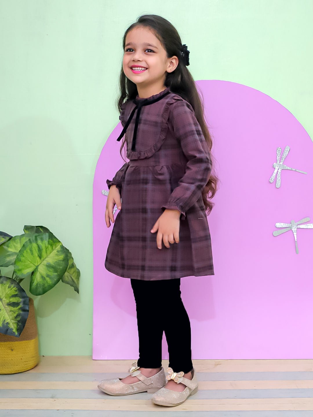 Wine Plaid Flannel Lace Collar Girls Winter Dress