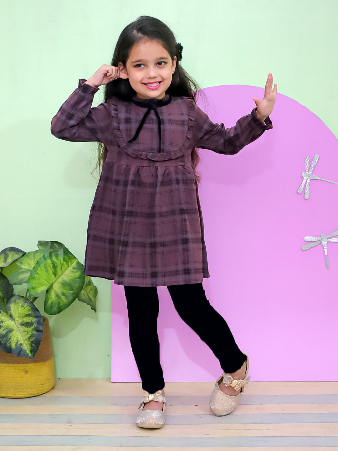 Wine Plaid Flannel Lace Collar Girls Winter Dress