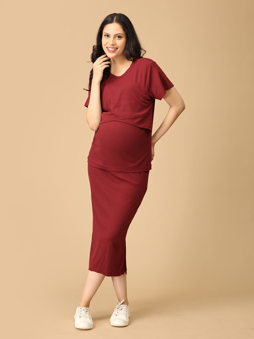  Wine & Unwind Ribbed Maternity and Nursing Co Ord Skirt Set Maroon