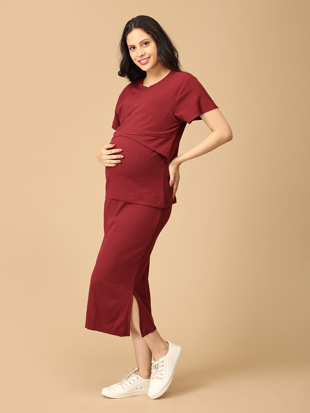  Wine & Unwind Ribbed Maternity and Nursing Co Ord Skirt Set Maroon
