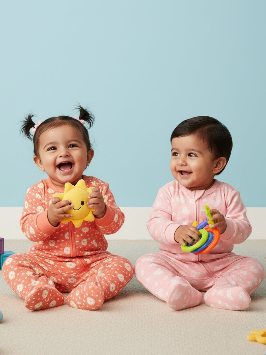  Coral Blossom & Rosy Hearts Zipper Romper Combo 2-Pack