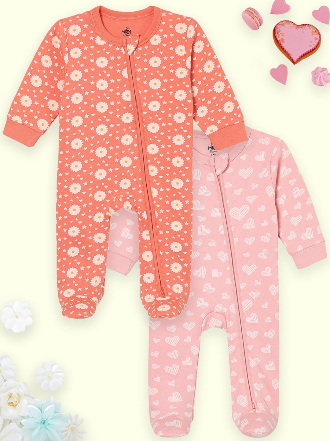  Coral Blossom & Rosy Hearts Zipper Romper Combo 2-Pack
