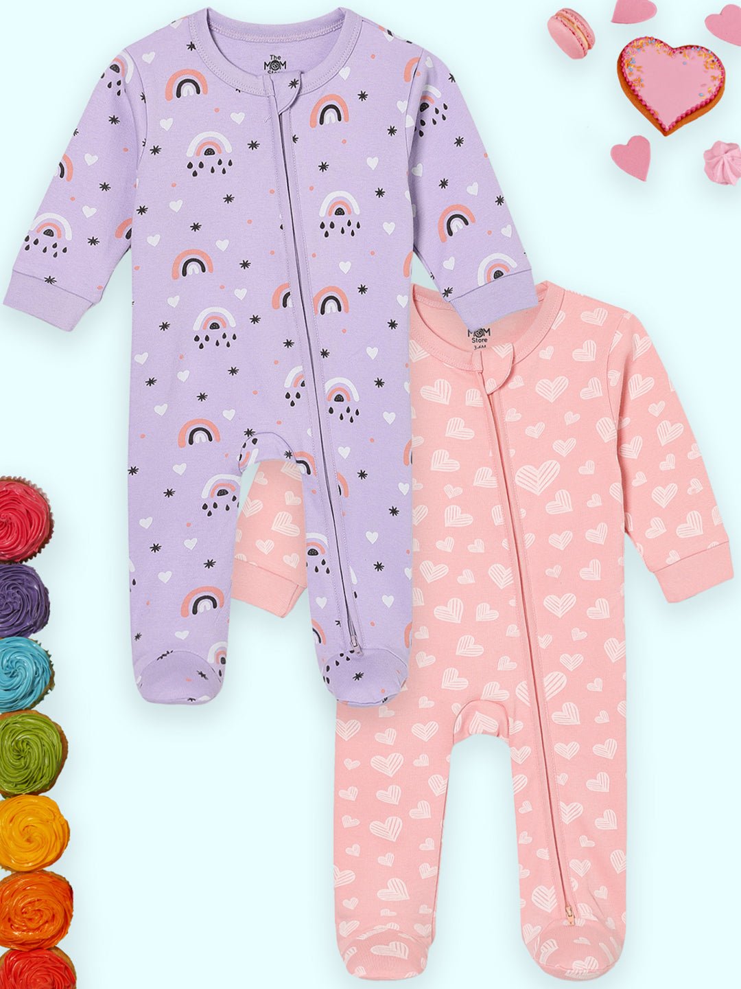  Lavender Twinkle & Rosy Hearts Zipper Romper Combo 2-Pack