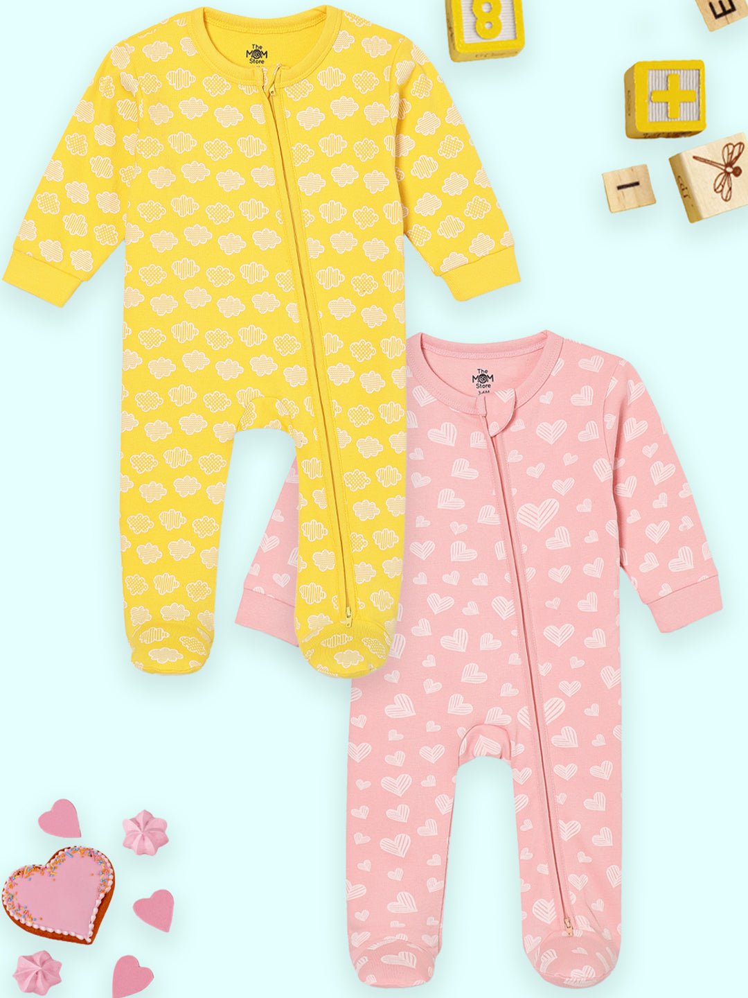  Rosy Hearts & Buttercream Clouds Zipper Romper Combo 2-Pack