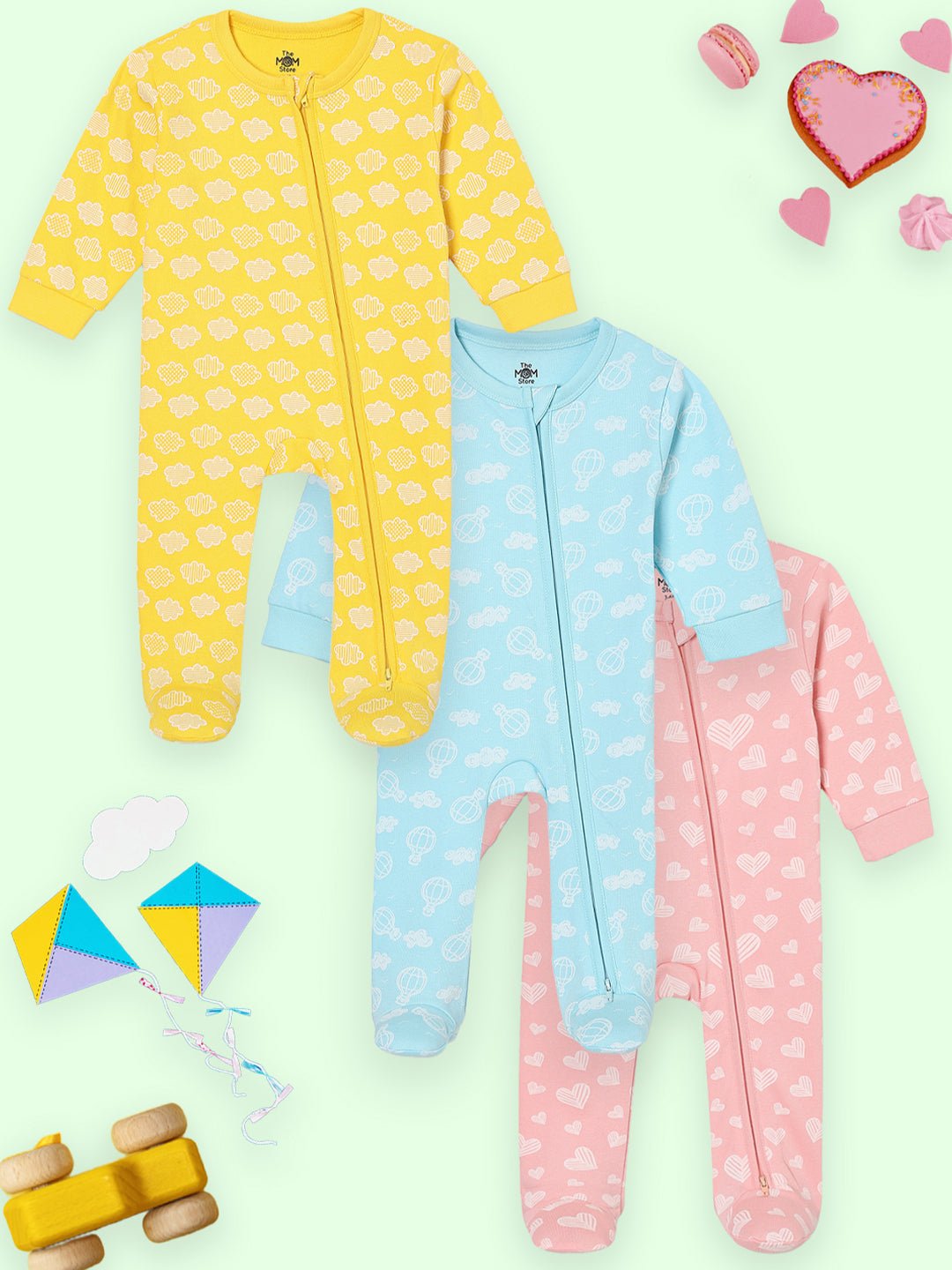  Buttercream Clouds Sky Drift & Rosy Hearts Zipper Romper Combo 3-Pack