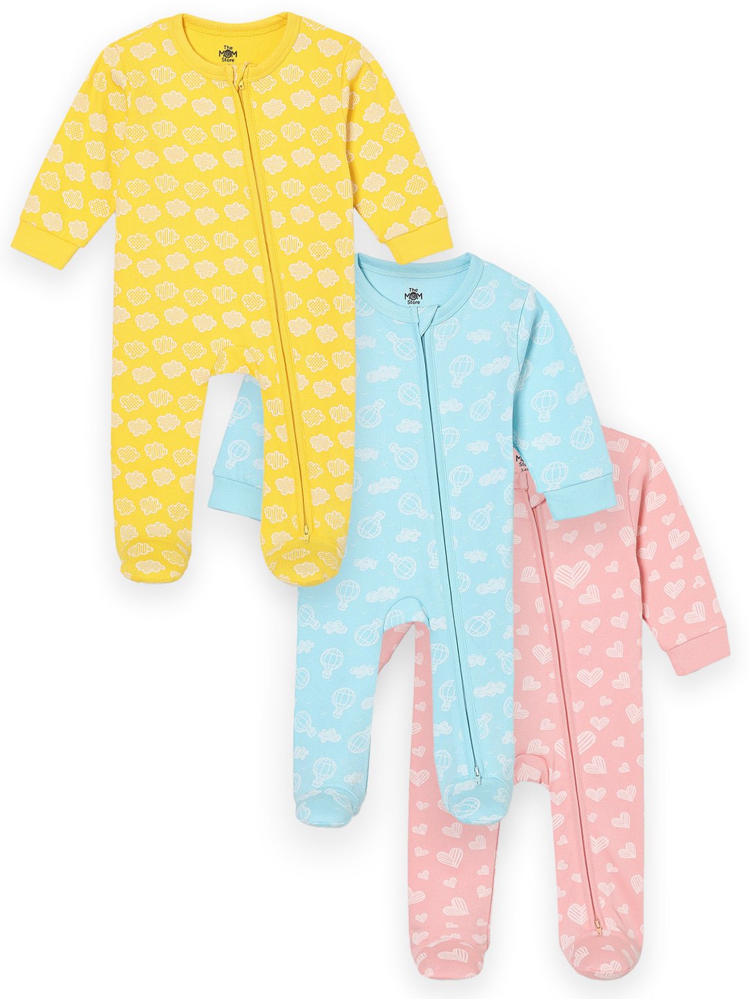  Buttercream Clouds Sky Drift & Rosy Hearts Zipper Romper Combo 3-Pack