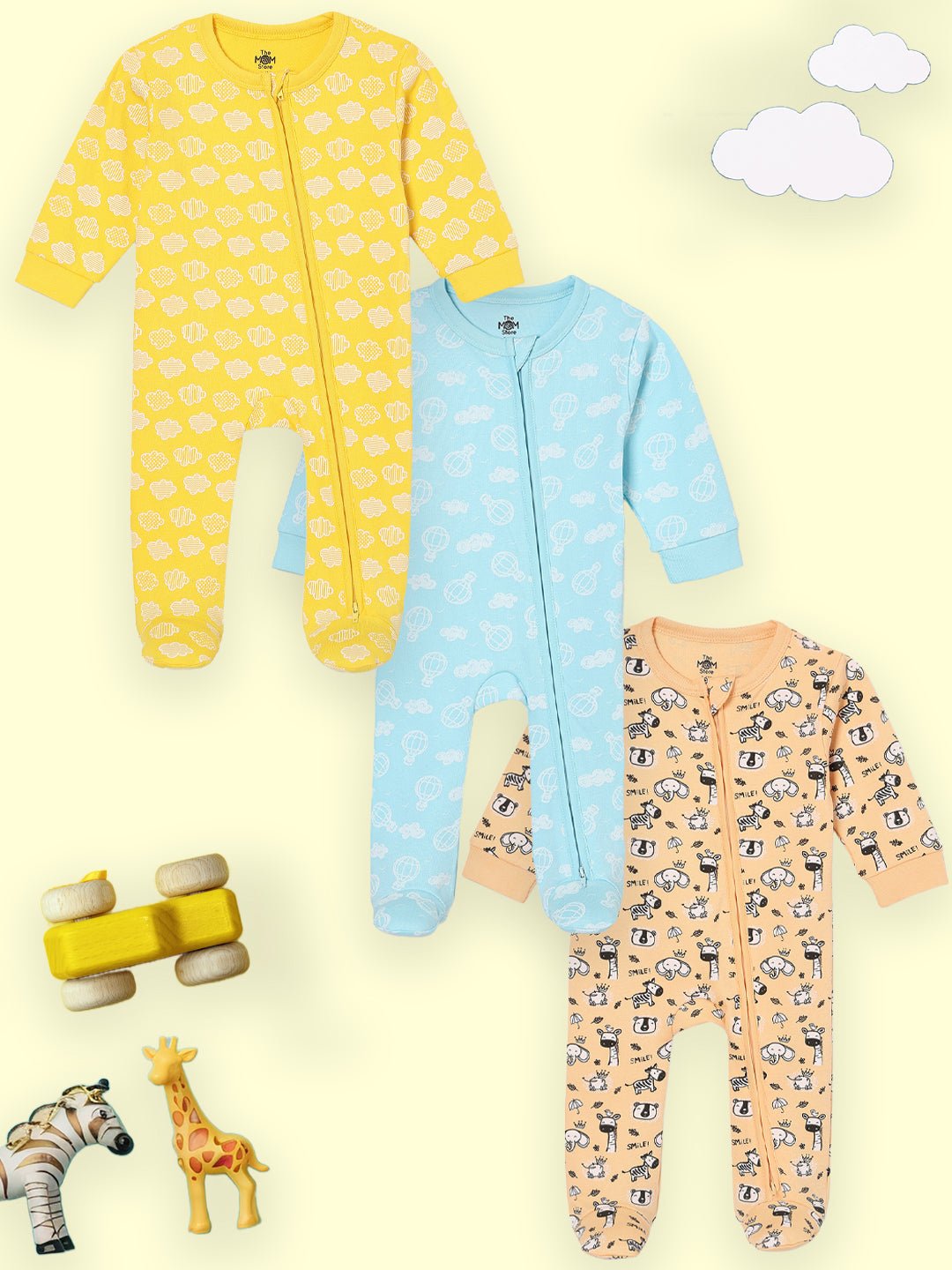  Buttercream Clouds Sky Drift & Rusty Jungle Zipper Romper Combo 3-Pack