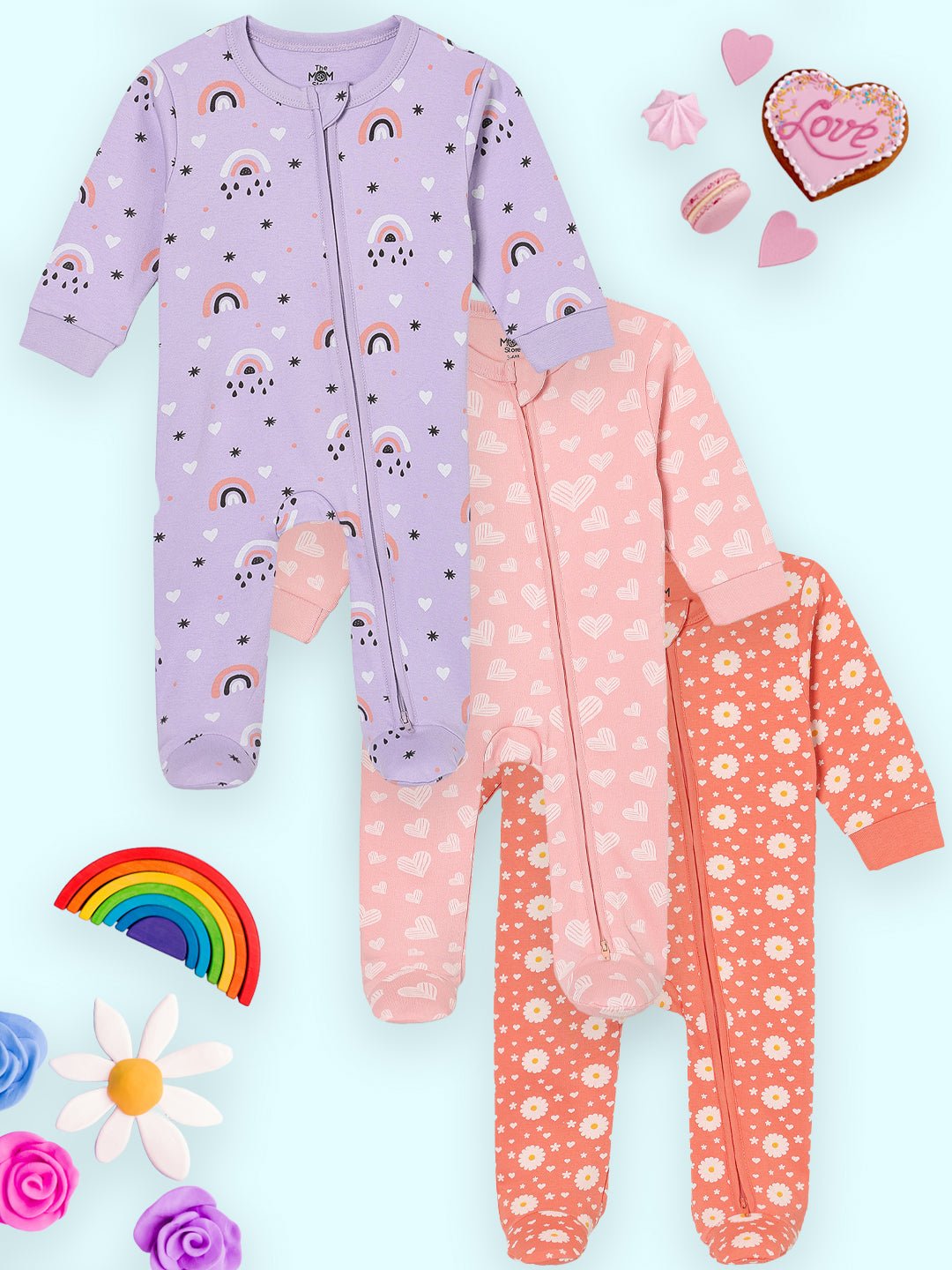  Lavender Twinkle Coral Blossom & Rosy Hearts Zipper Romper Combo 3-Pack